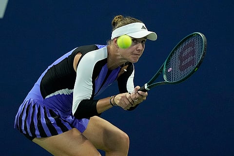 US Open 2024: Elina Svitolina returns a shot to Angelina Kalinina during a U.S. Open tennis